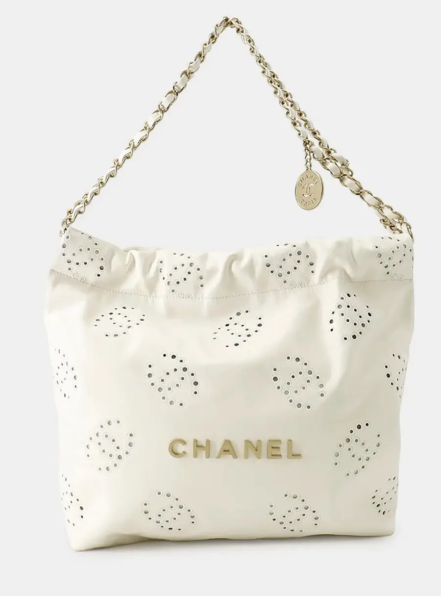 Chanel 22 Small White Perforated Shiny Calfskin Leather Shoulder Bag
