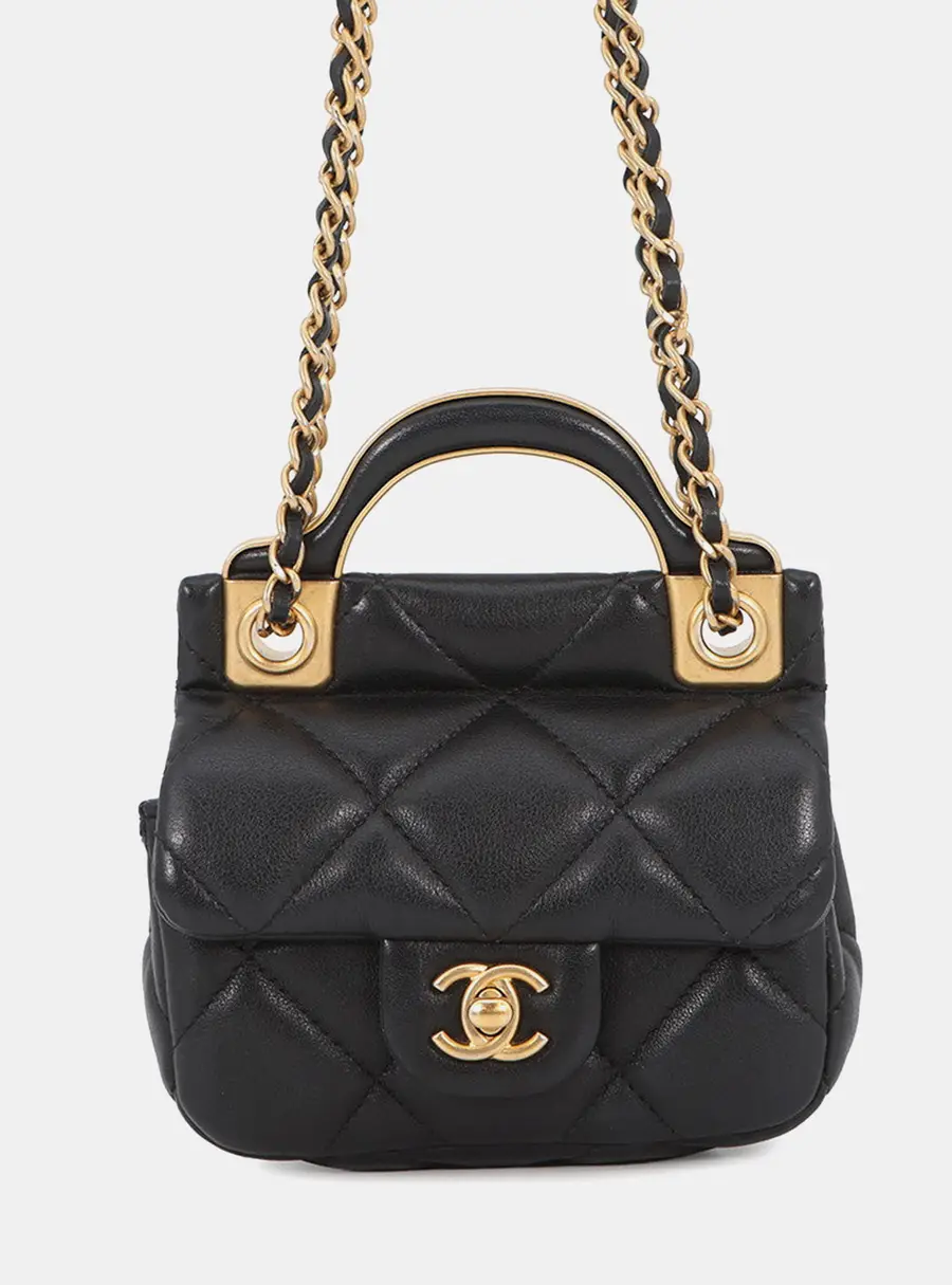 Chanel Mini Flap Bag Black Lambskin Leather Top Handle Bag