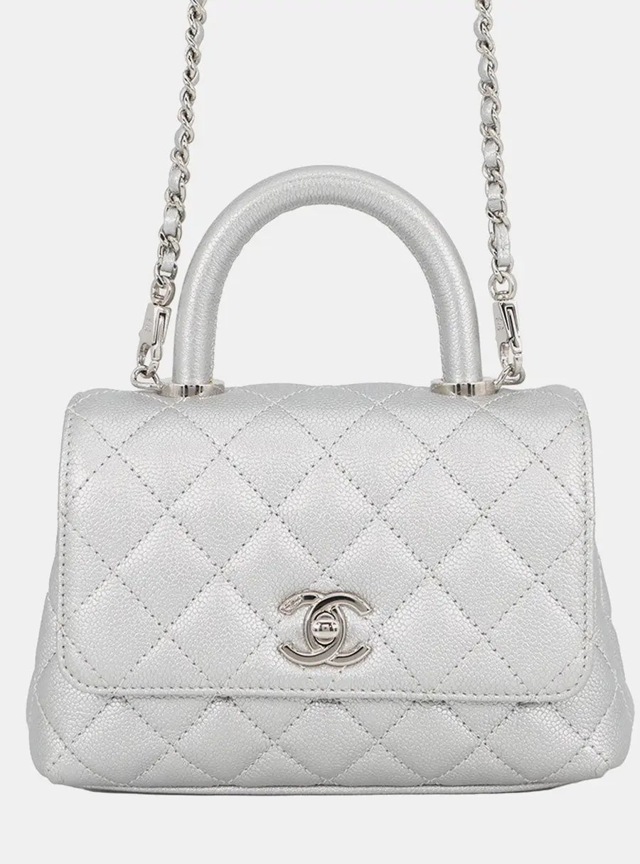 Chanel Coco Handle XXS Silver Caviar Leather Top Handle Bag