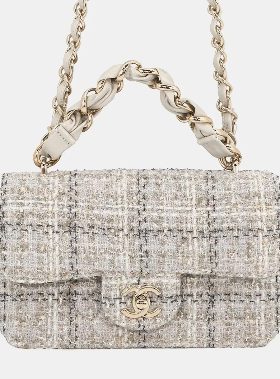 Chanel Matelasse Single Flap 20 Gray Tweed Shoulder Bag