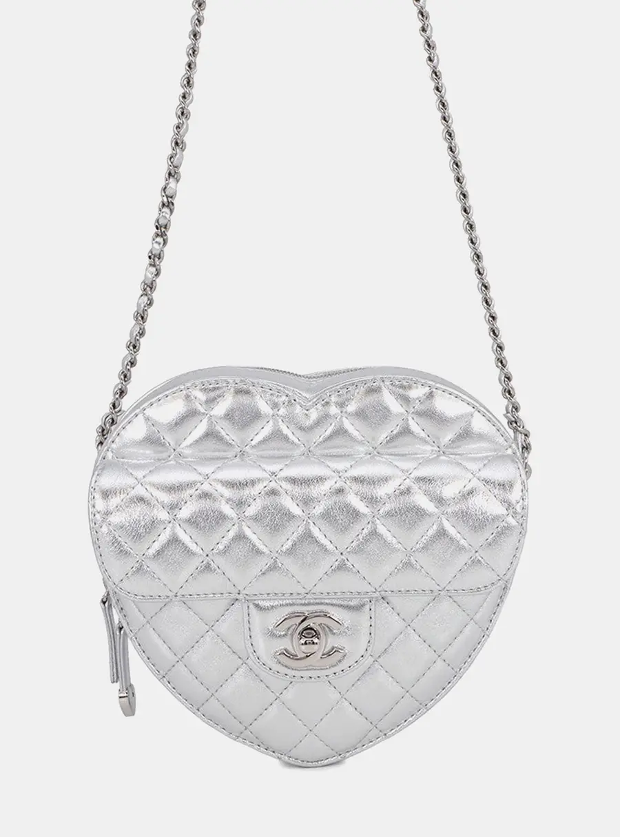 Chanel Heart Shape Mini Metallic Silver-tone Lambskin Leather Shoulder Bag