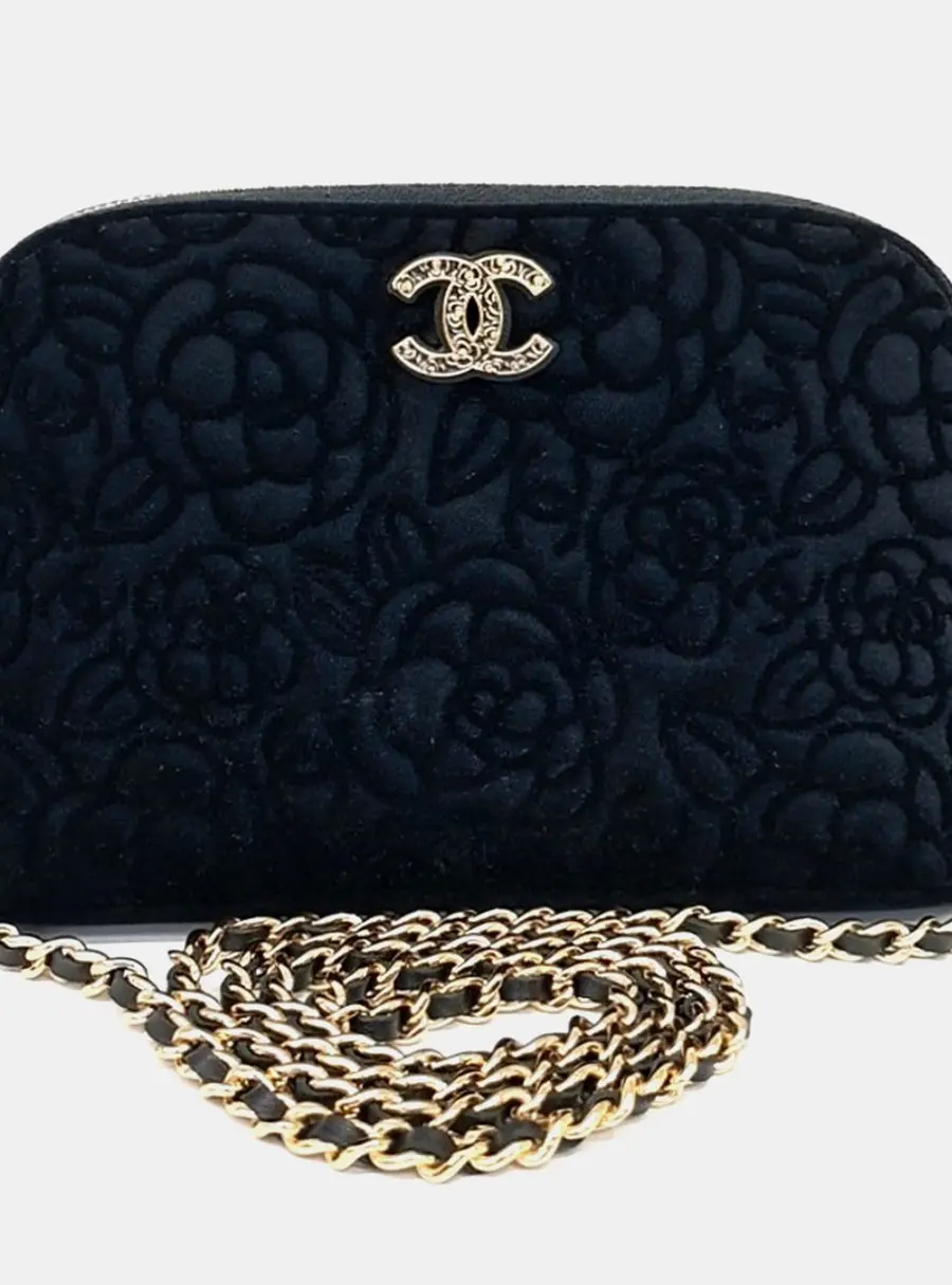 Chanel Black Velvet Camellia Chain Crossbody Bag