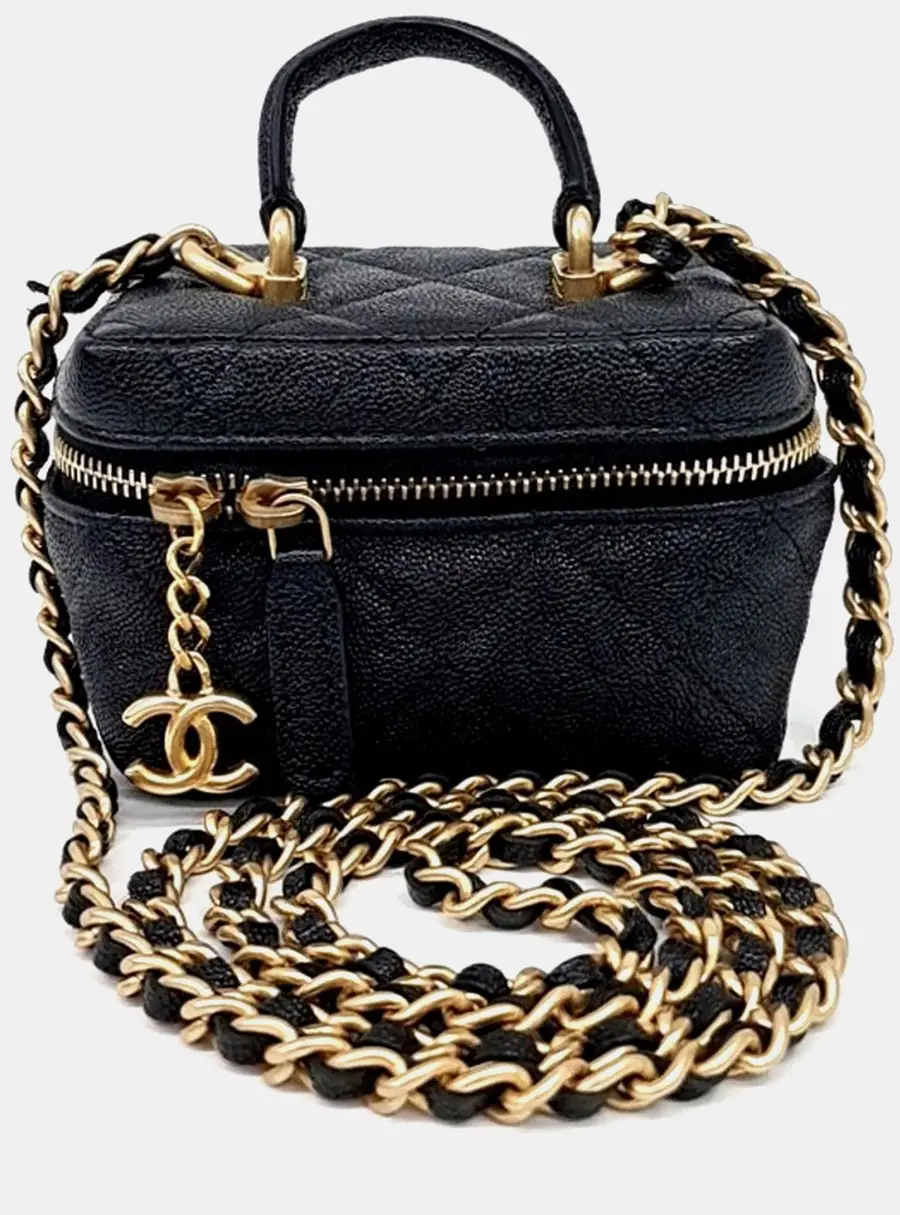 Chanel Black Leather Caviar Top Handle Vanity Mini Chain Crossbody Bag