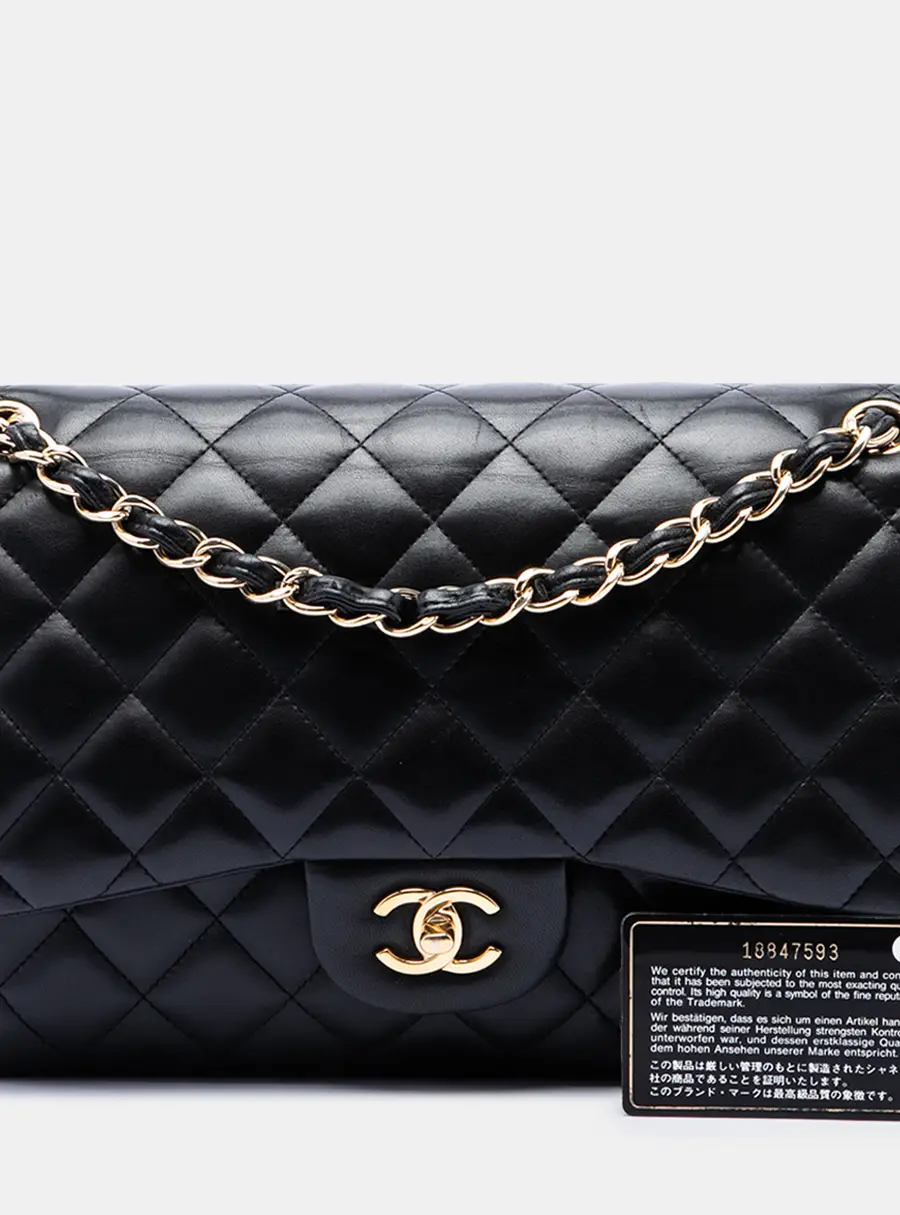 Chanel Jumbo Classic Flap Black Lambskin Gold Hardware Double Flap Shoulder Bag