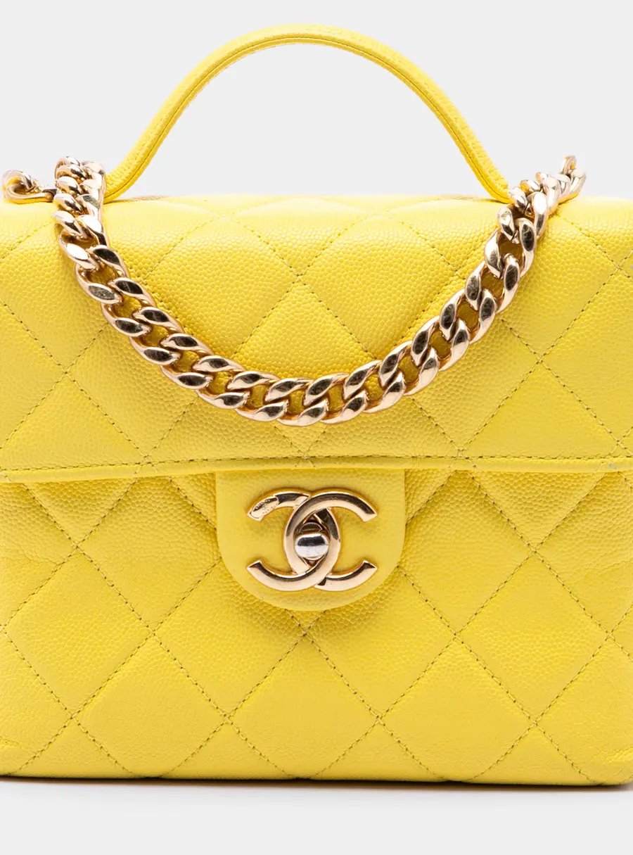 Chanel Handy Box Vanity Yellow Quilted Caviar Grained Calfskin Leather Vanity Case Bag