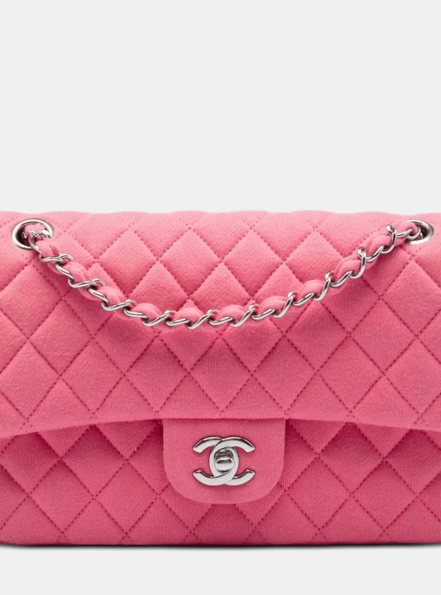 Chanel Medium Classic Jersey Double Flap Pink Jersey Shoulder Bag