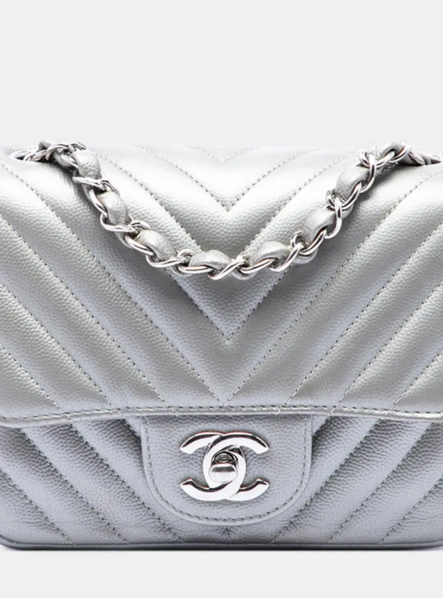 Chanel Mini Square Classic Chevron Caviar Single Flap Silver Crossbody Bag
