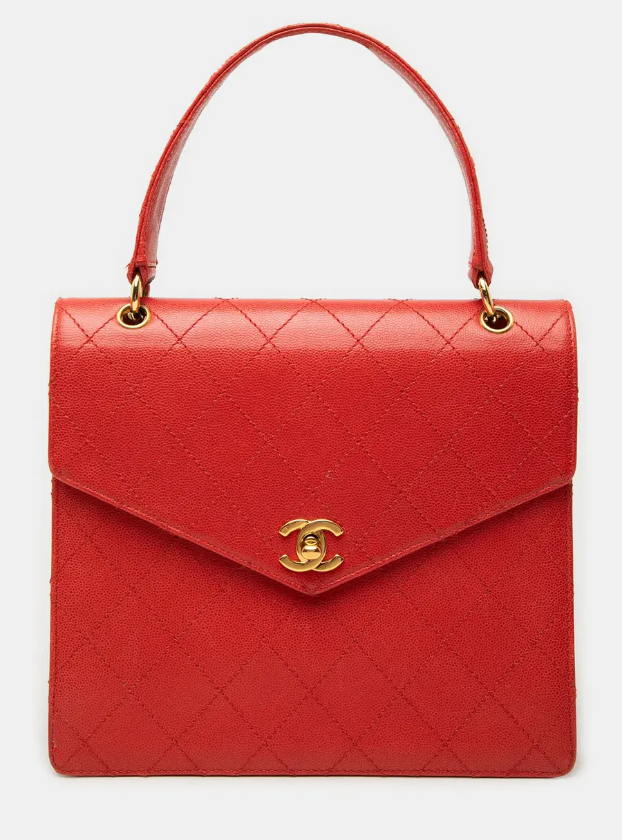 Chanel CC Quilted Caviar Turnlock Envelope Flap Red Caviar Leather Top Handle Bag