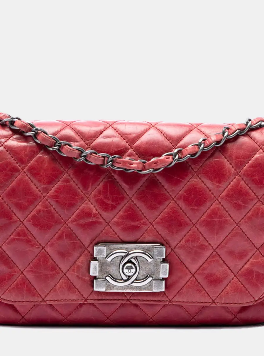 Chanel Soft Boy Red Quilted Glazed Calfskin Leather Flap Bag