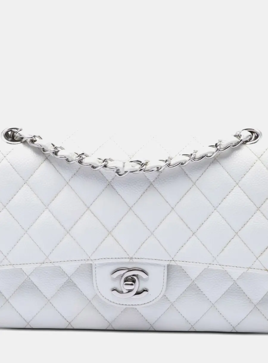 Chanel Classic Medium White Caviar Silver Hardware Double Flap Shoulder Bag