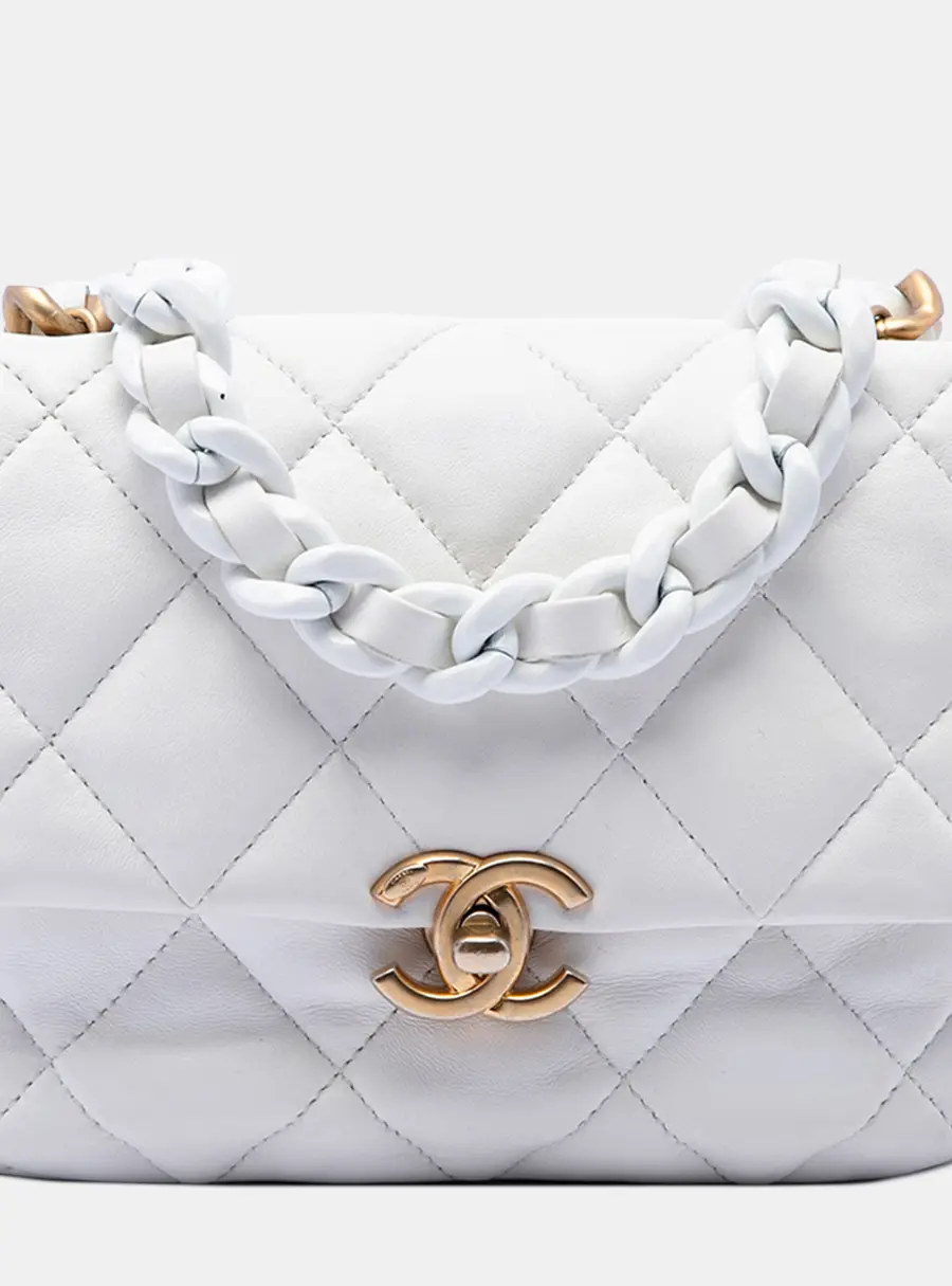 Chanel Mini Quilted Lambskin Lacquered Chain Flap White Crossbody Bag
