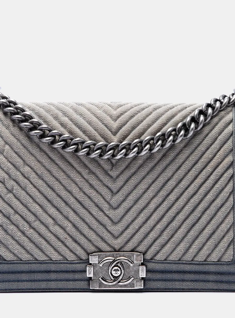 Chanel Old Medium Chevron Denim Boy Flap Grey Denim Shoulder Bag