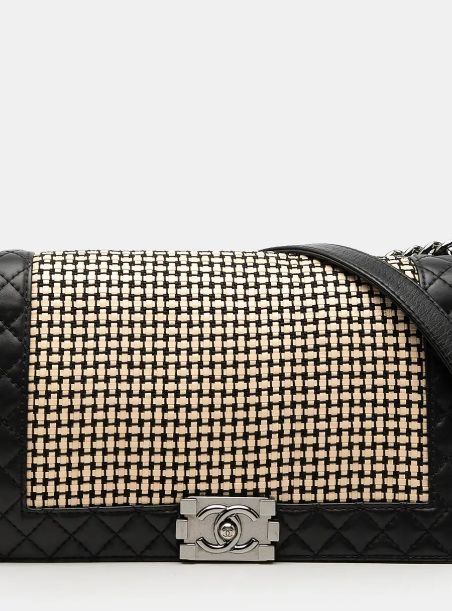 Chanel Boy Reverso Medium Black Cream Woven Calfskin Shoulder Bag