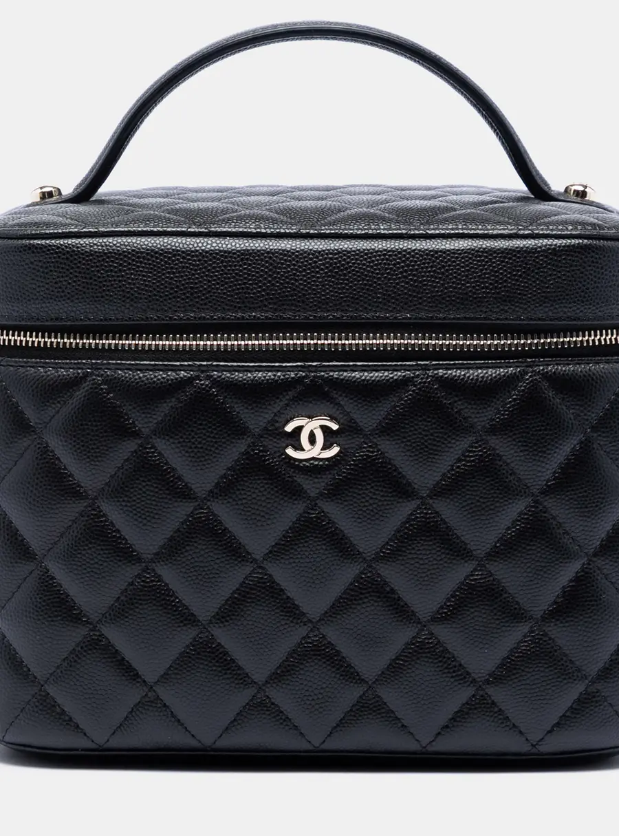 Chanel Medium CC Quilted Caviar Vanity Case Black Grained Calfskin Leather Top Handle Bag