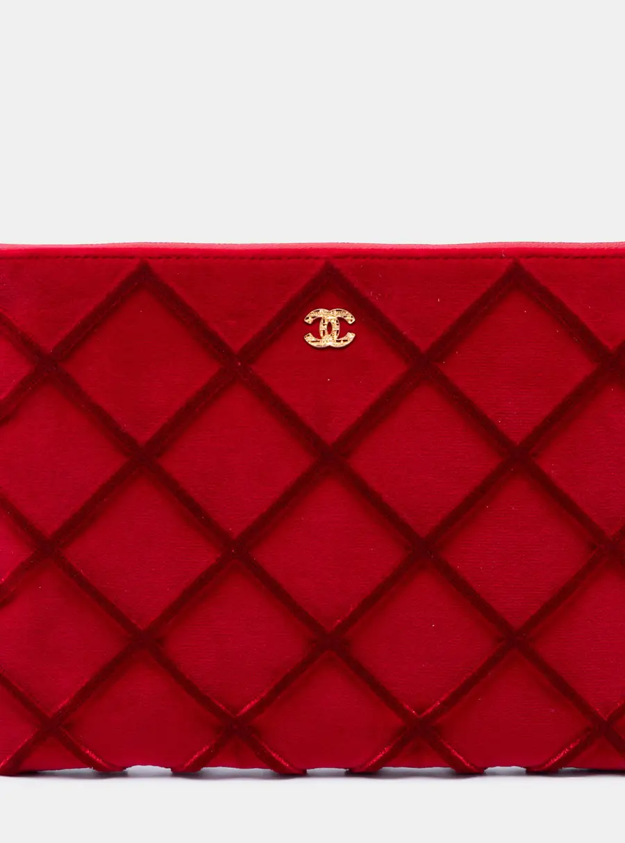 Chanel CC Quilted Velvet Medium Red Gold Hardware Case Clutch Bag