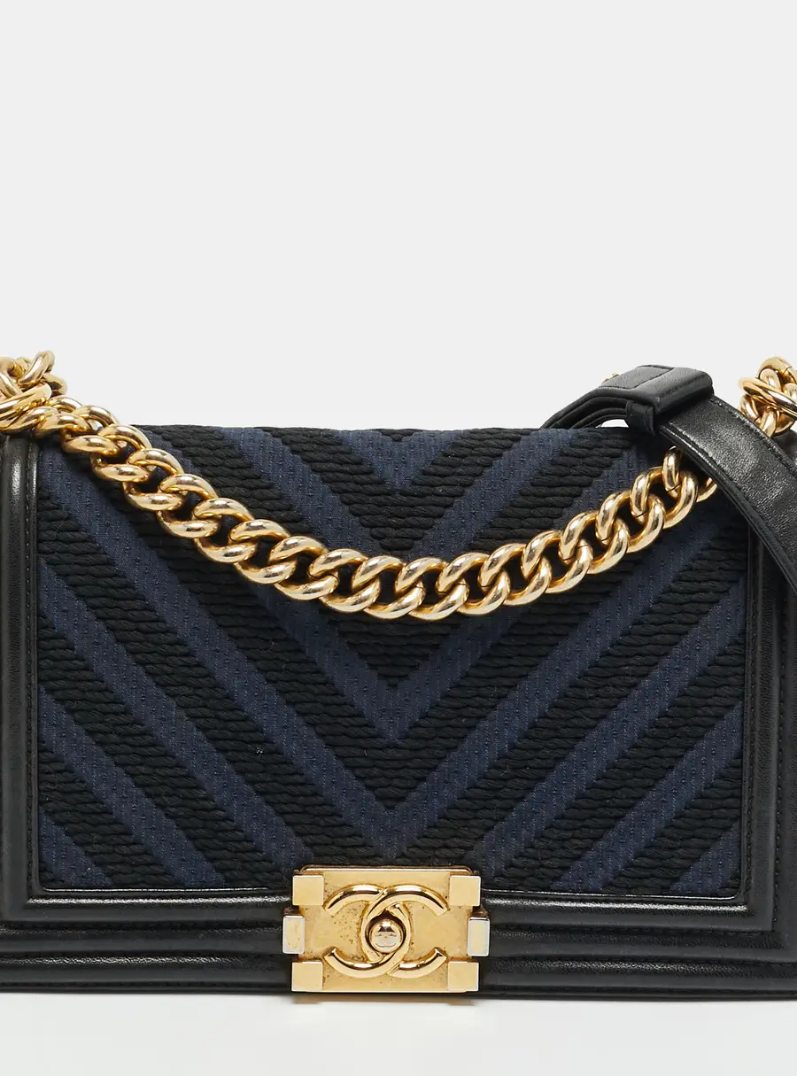 Chanel Boy Medium Black/Navy Blue Chevron Fabric and Leather Flap Bag