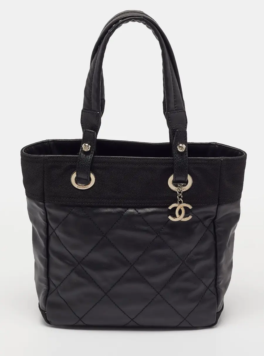 Chanel Biarritz Paris Black Quilted Coated Canvas Tote
