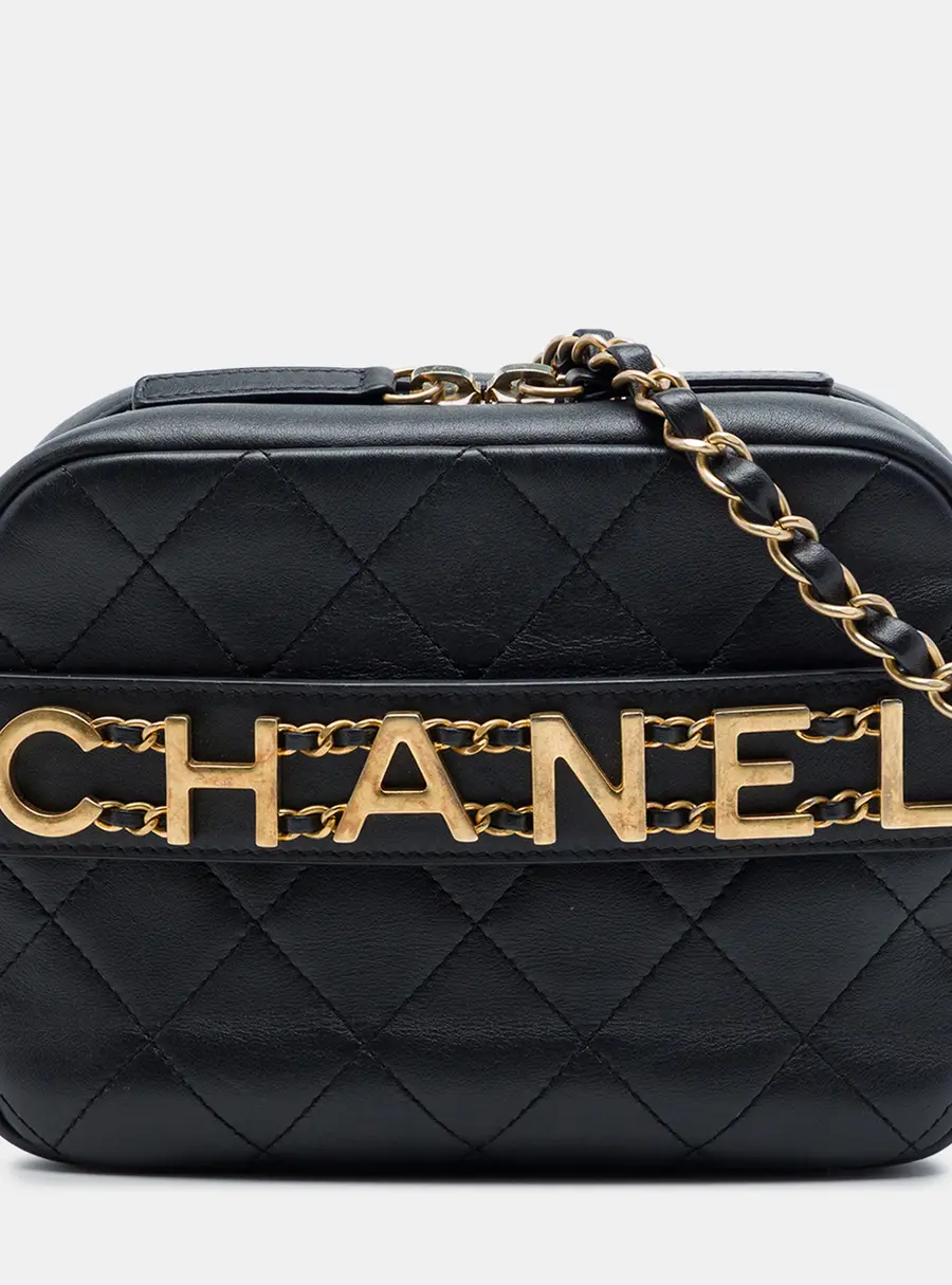 Chanel Logo Enchained Small Black Quilted Calfskin Camera Shoulder Bag