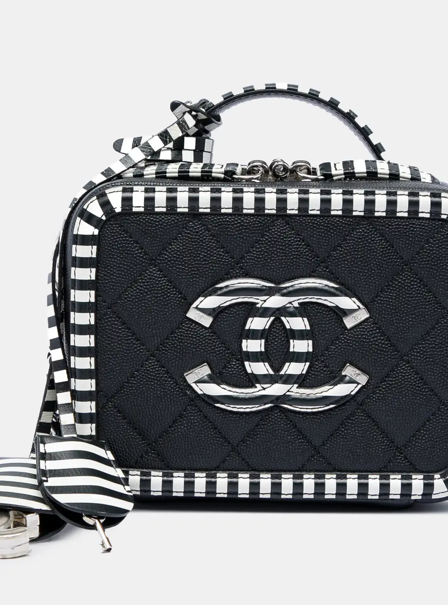 Chanel CC Filigree Striped Small Black White Grained Calfskin Leather Vanity Case Shoulder Bag