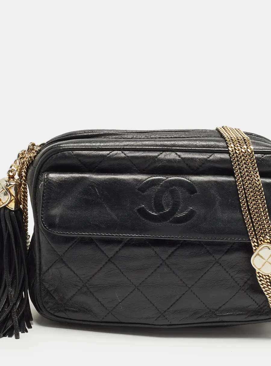 Chanel Vintage CC Tassel Black Quilted Leather Camera Bag
