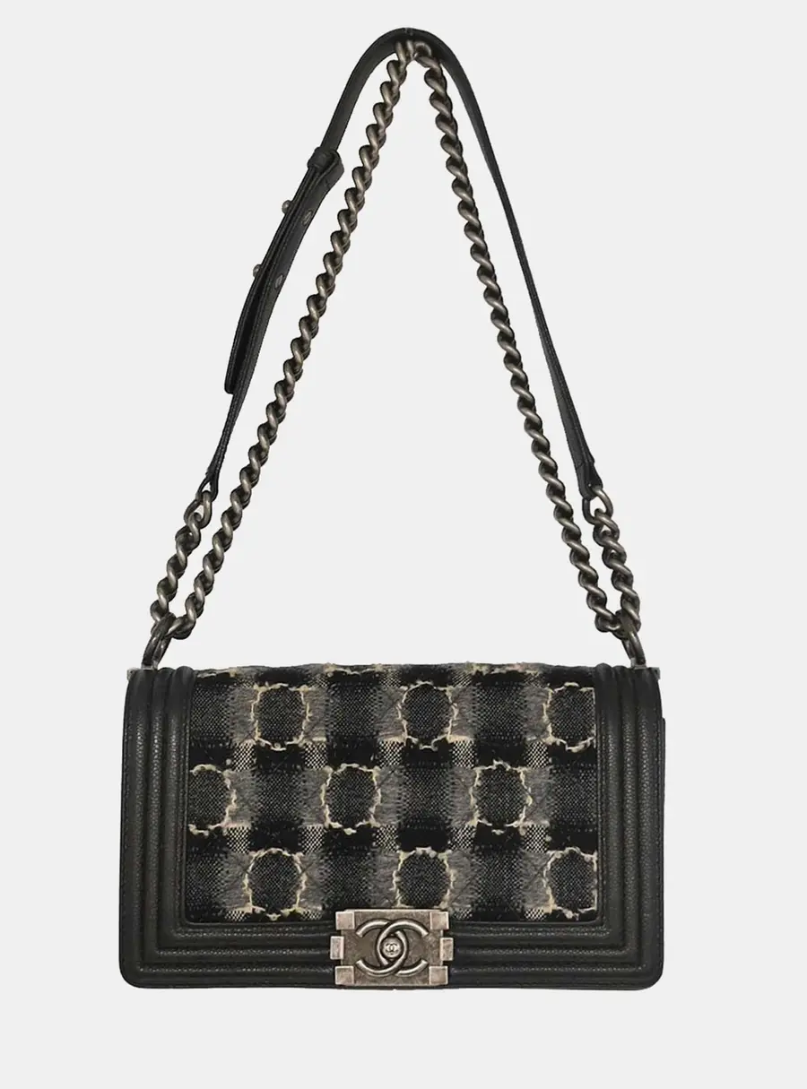 Chanel Boy Medium Black Grey Tweed Calfskin Leather Shoulder Bag