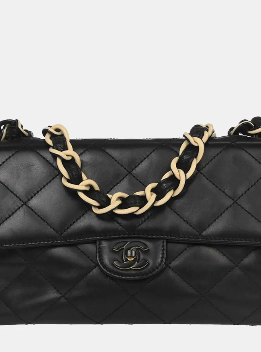 Chanel Elegant Chain Black Lambskin Leather Single Flap Shoulder Bag