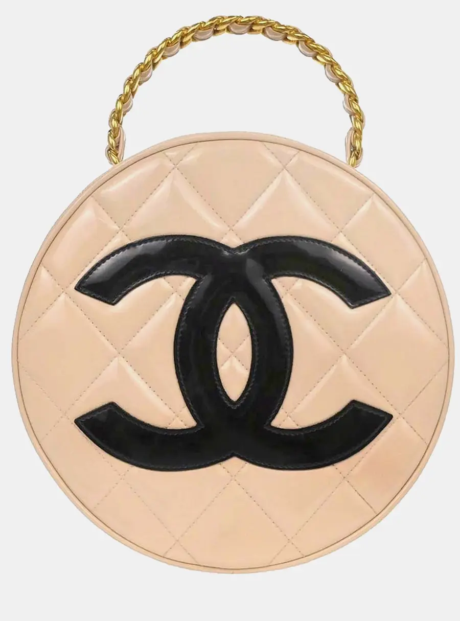 Chanel Vintage Quilted Round Beige Patent Leather Top Handle Bag