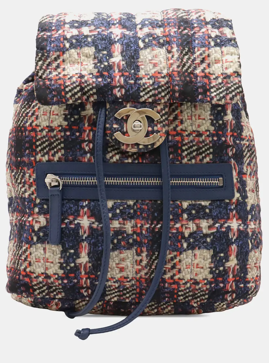 Chanel CC Nylon Tweed Printed Medium Blue Pink Nylon Drawstring Backpack Bag