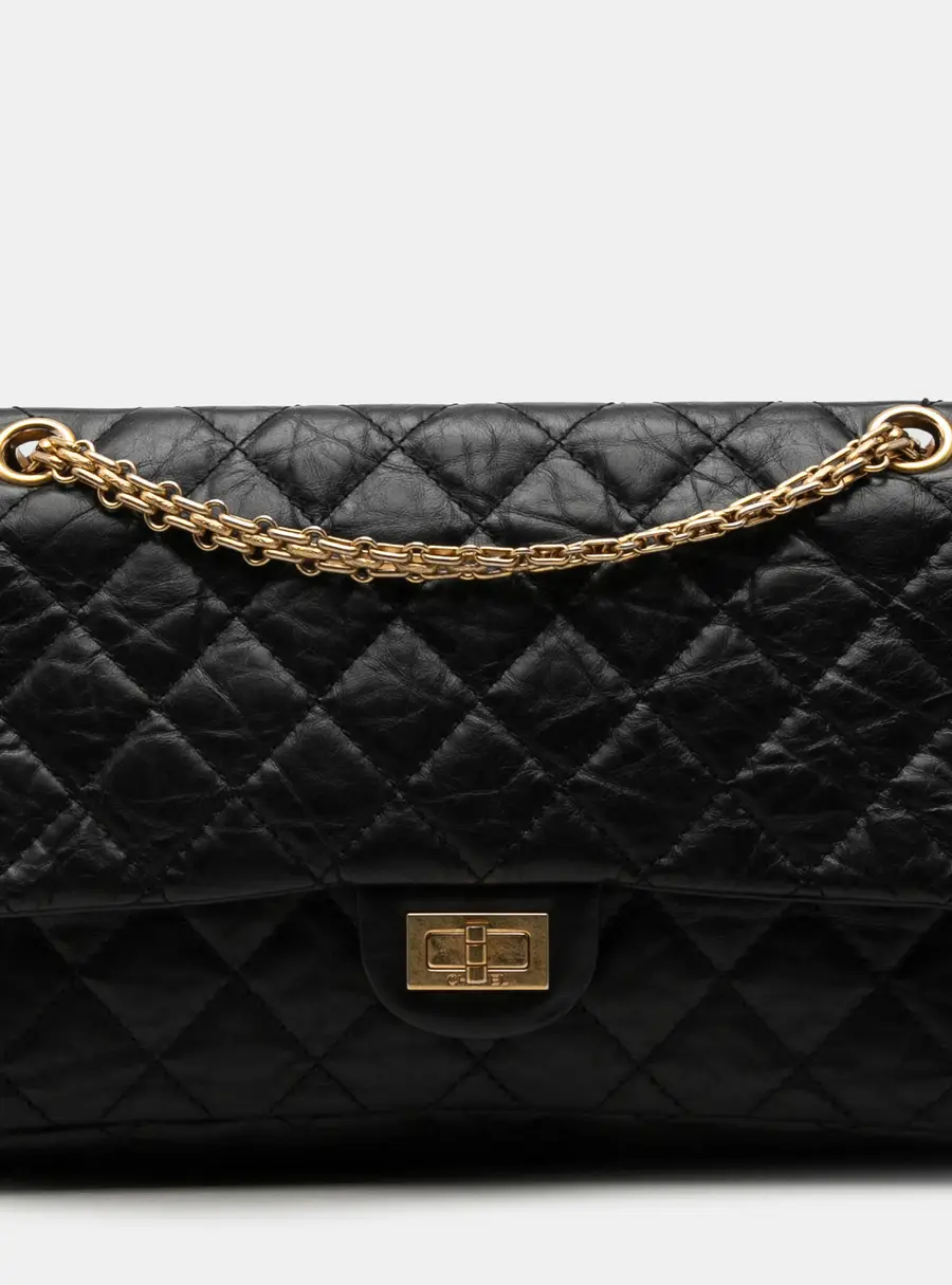 Chanel Quilted Aged Calfskin Reissue 2.55 Double Flap 226 Black Aged Calfskin Leather Shoulder Bag