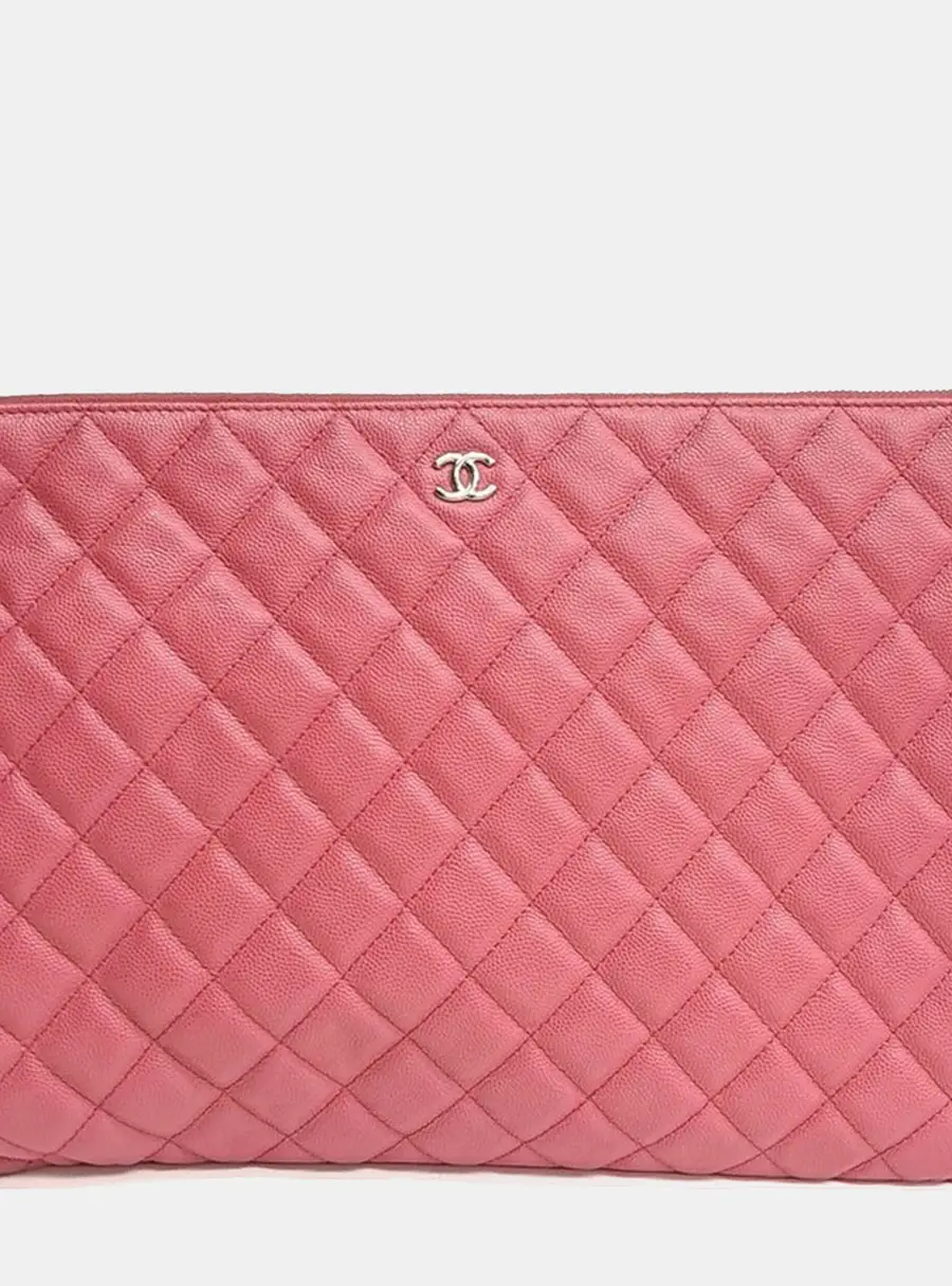 Chanel Quilted Large Pink Caviar Leather Clutch Bag