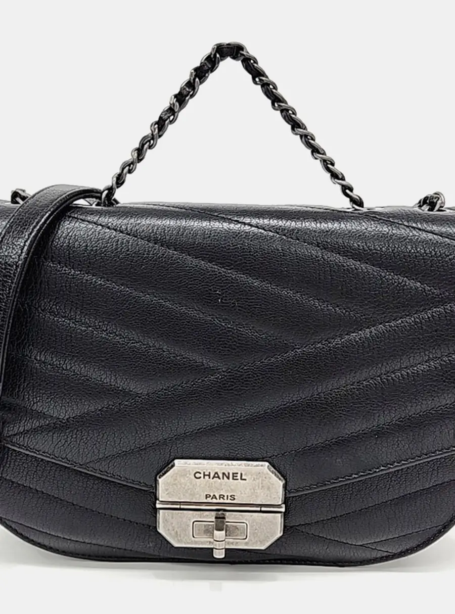 Chanel Black Grained Calfskin Leather Top Handle Bag