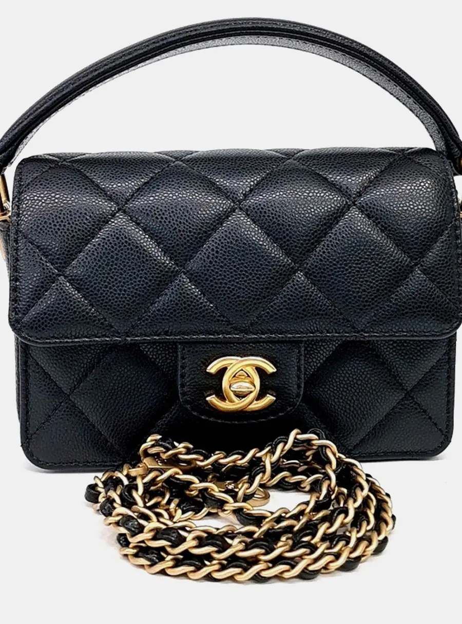 Chanel Small Black Grained Calfskin Leather Top Handle Bag