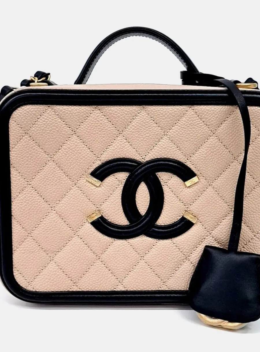 Chanel Cosmetic Small Beige Caviar Leather Top Handle Bag