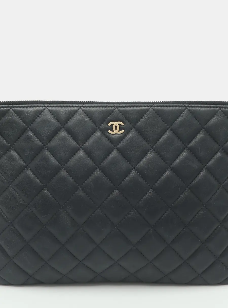 Chanel O Case Navy Blue Quilted Leather Pouch Clutch