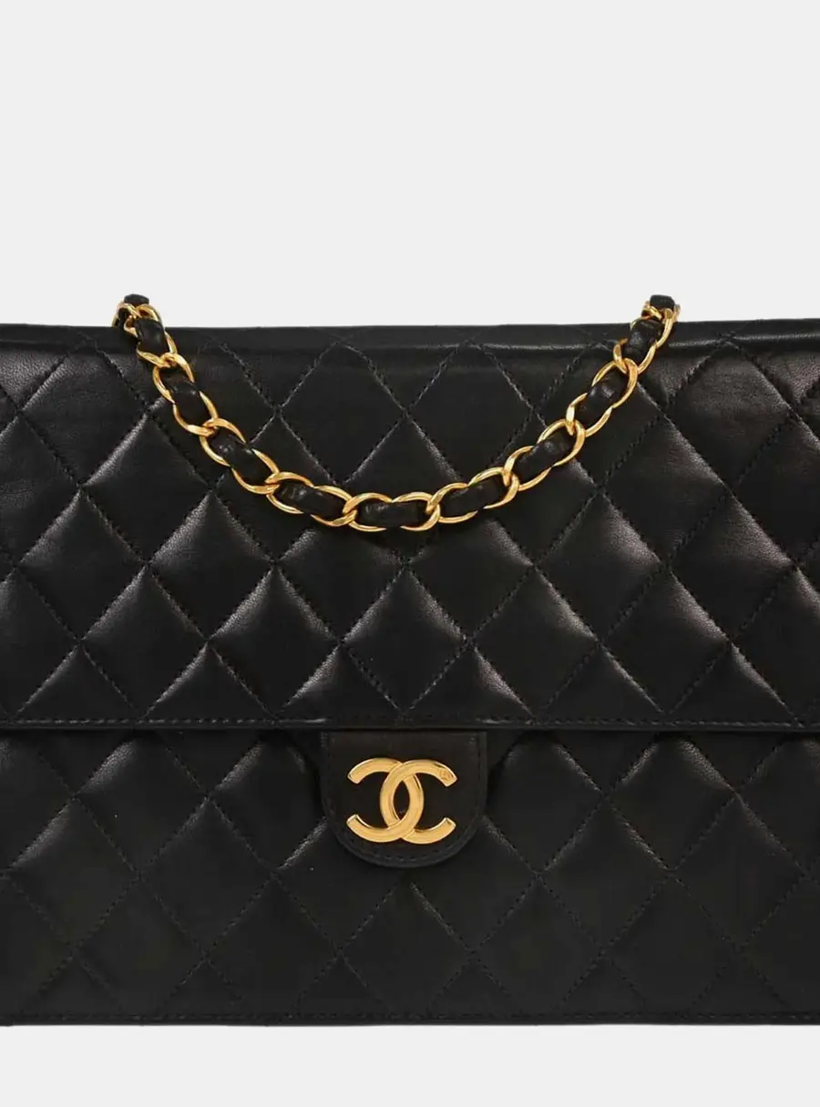 Chanel Vintage Pushlock Medium Half Flap Bag Black Lambskin Gold Plated Shoulder Bag