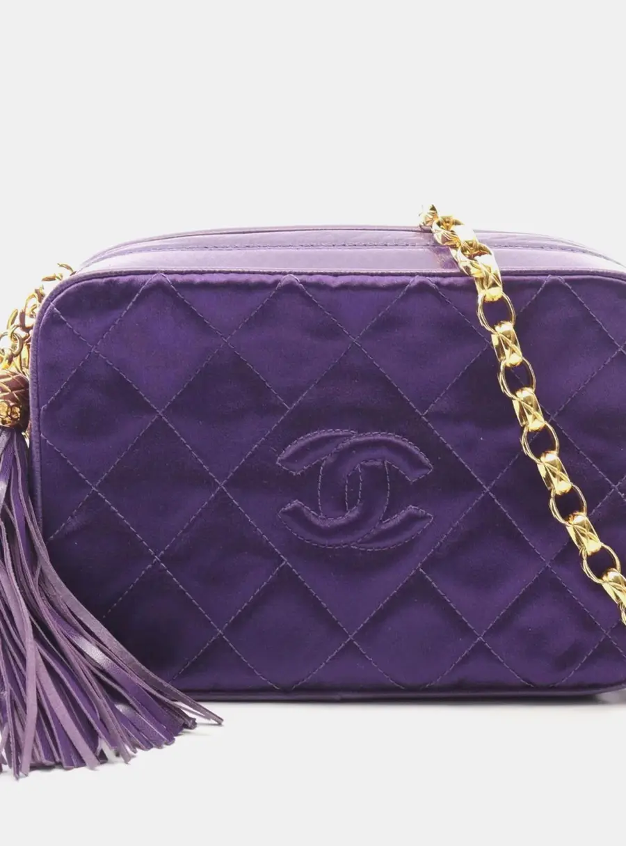 Chanel Vintage CC Quilted Velour Tassel Purple Fabric Crossbody Camera Bag