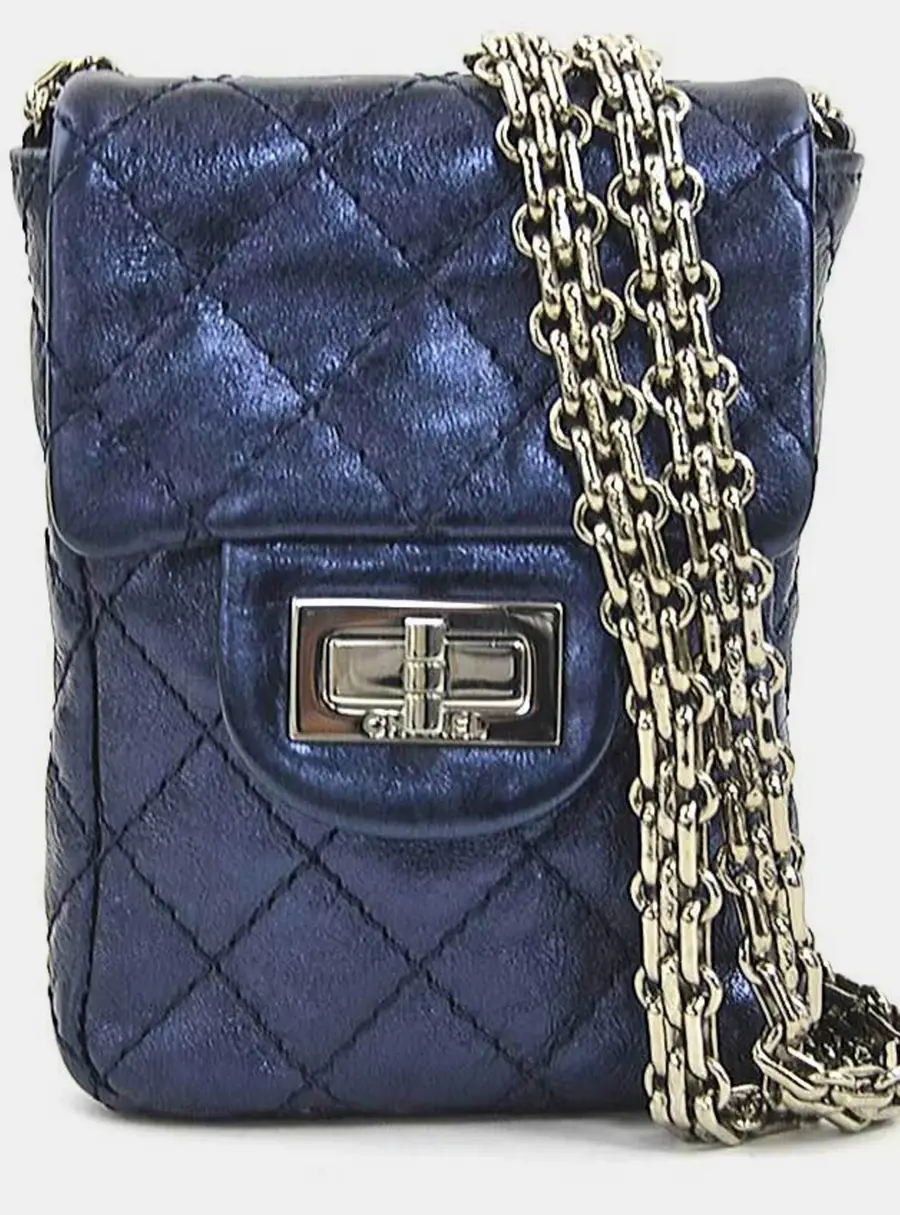 Chanel 2.55 Reissue Mini Metallic Navy Leather Phone Holder Pouch Shoulder Bag