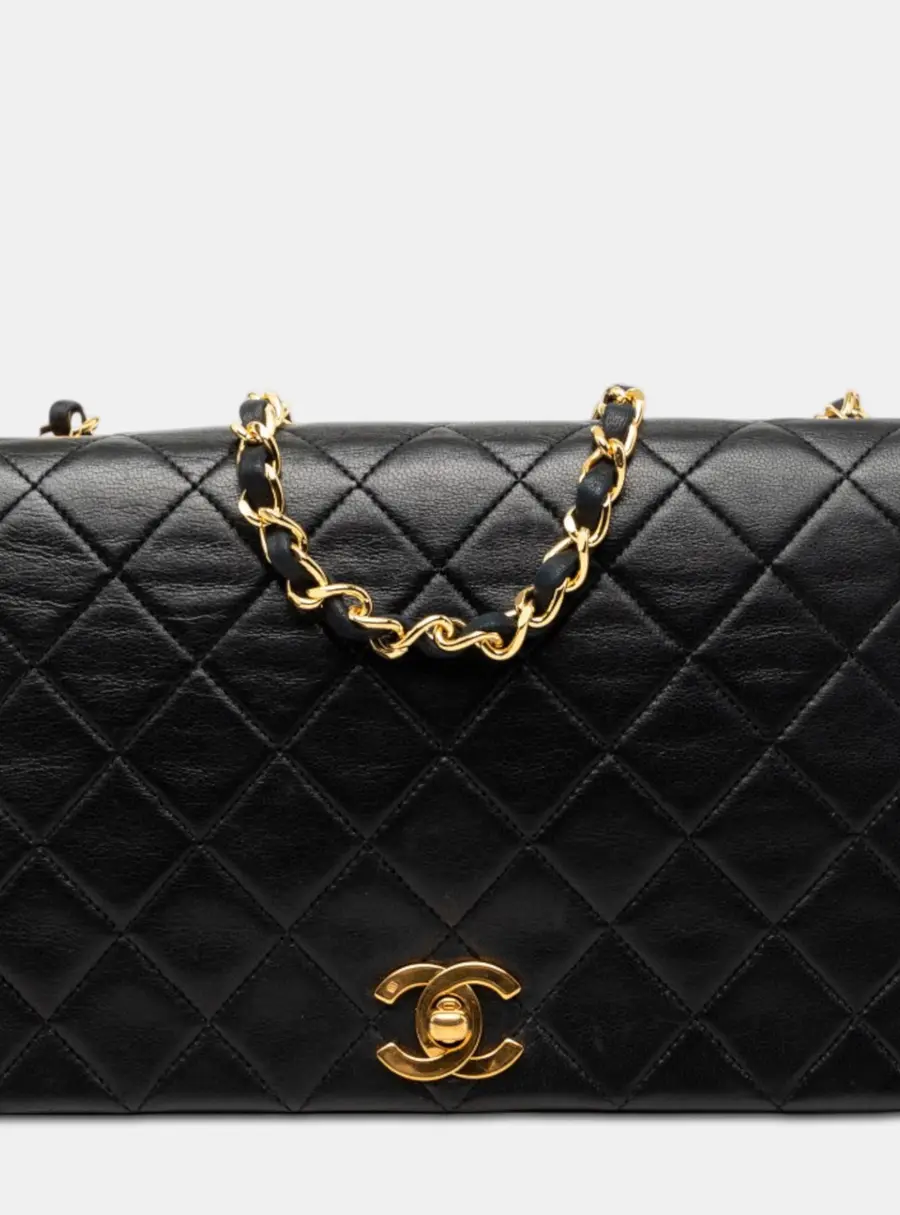 Chanel Vintage Quilted Full Flap Medium Black Lambskin Leather Shoulder Bag