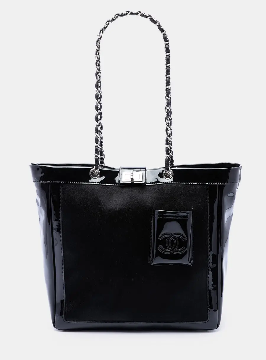 Chanel Mademoiselle Large Black Pony Hair Patent Leather Tote Bag