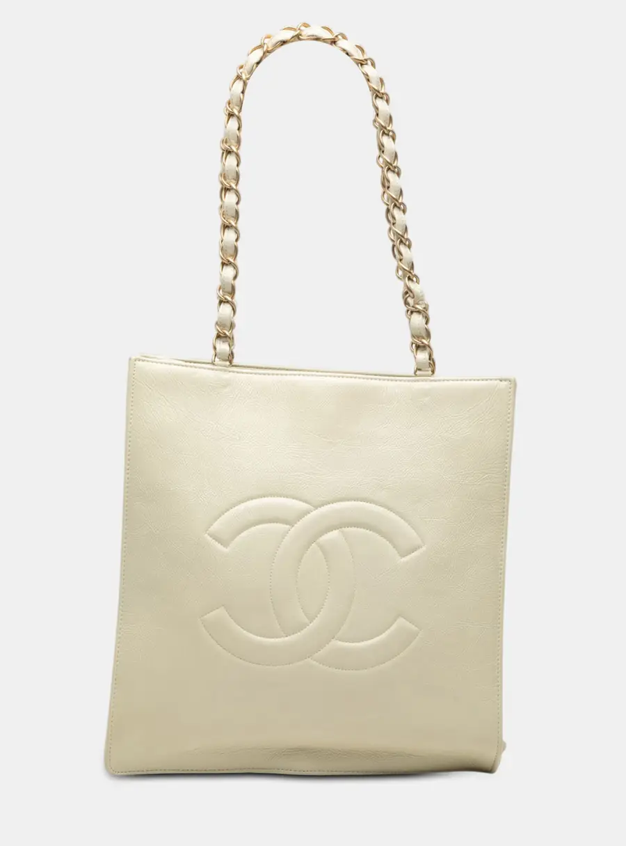 Chanel Shiny Aged Calfskin North South Ivory Calfskin Leather Tote Bag