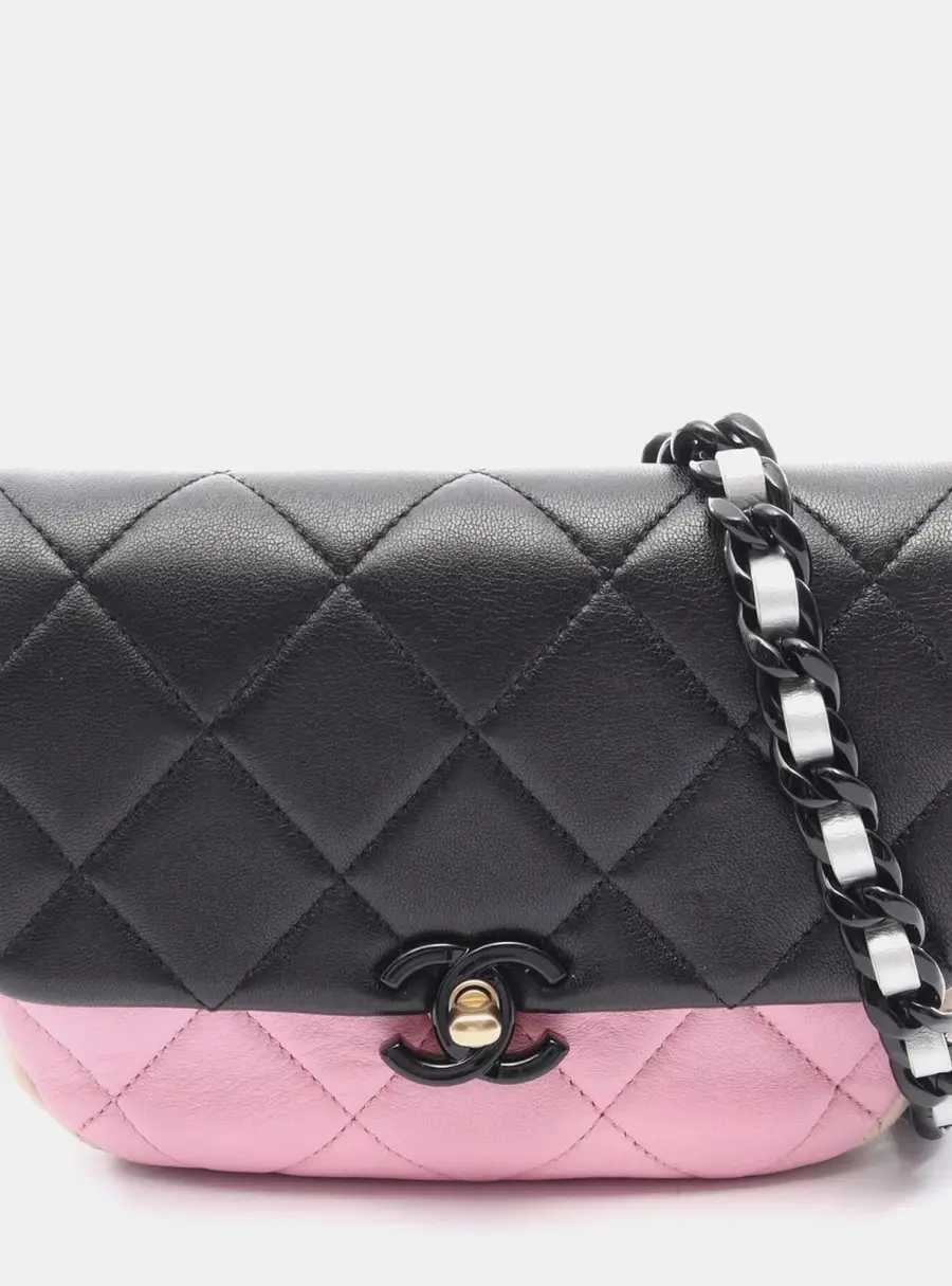 Chanel Mini Lacquered Chain Flap Black Pink Beige Lambskin Leather Shoulder Bag