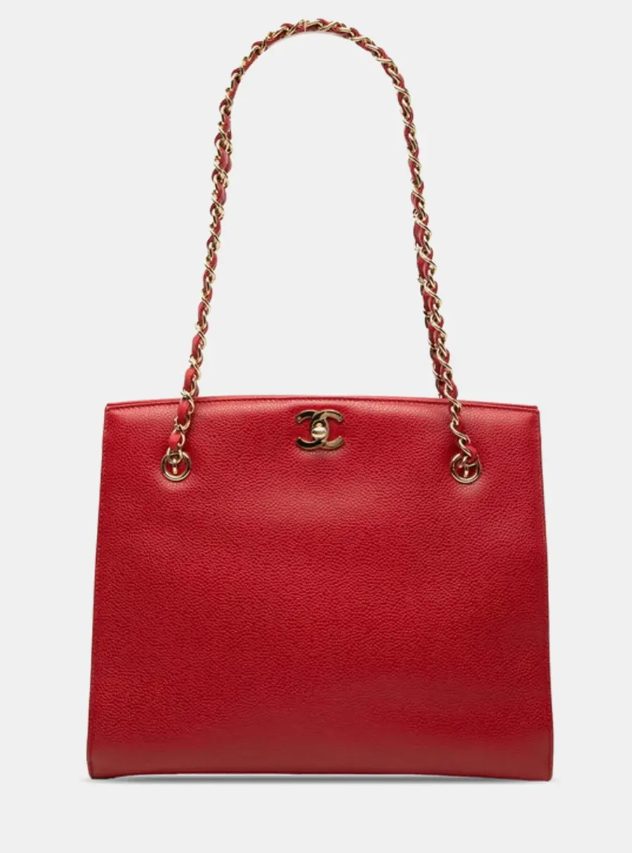 Chanel CC Turn Lock Medium Red Caviar Leather Shoulder Tote Bag