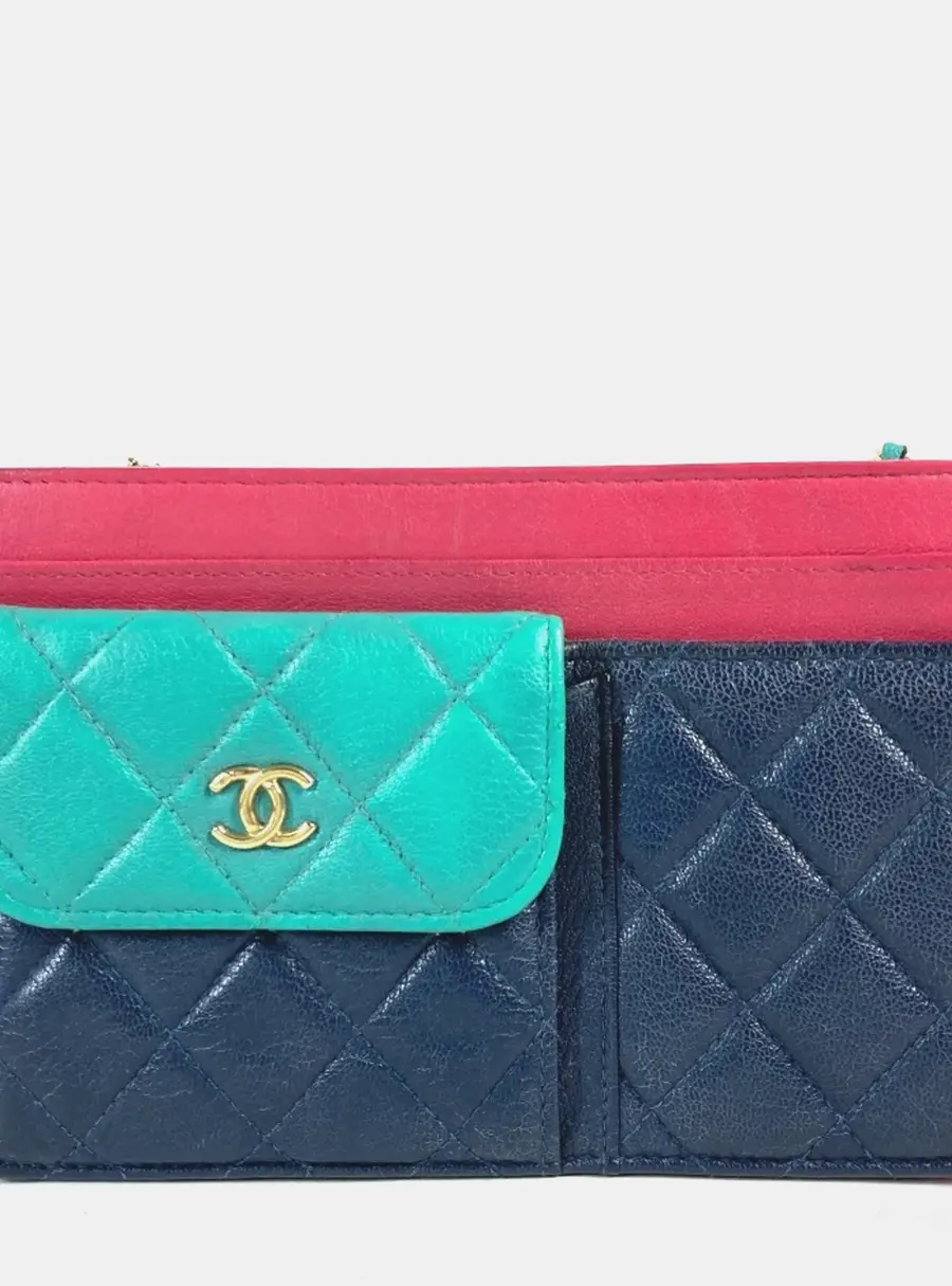 Chanel 2020 Cruise Tricolor Multi-Pocket Navy Pink Green Quilted Goatskin Leather Wallet On Chain Bag