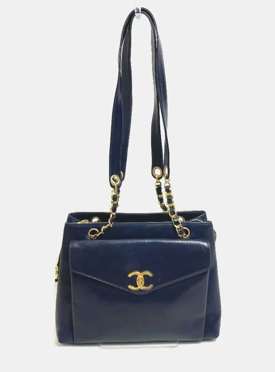 Chanel Vintage CC Turnlock Front Pocket Navy Lambskin Leather Shoulder Tote Bag