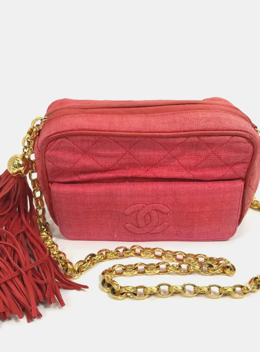 Chanel CC Mark Fringe Tassel Small Red Canvas Shoulder Bag