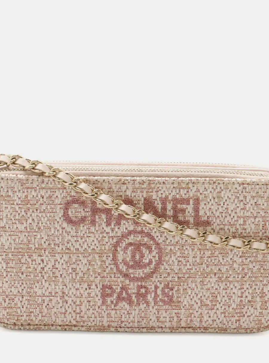Chanel Deauville Small Pink Tweed Double Zip Clutch with Chain Bag