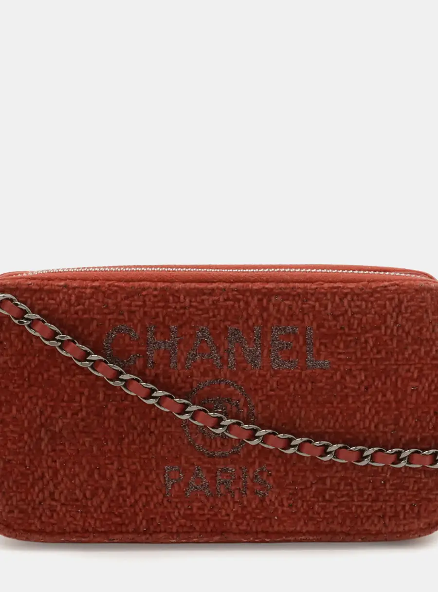 Chanel Deauville Chain Wallet Long Pink Red Velour Shoulder Bag