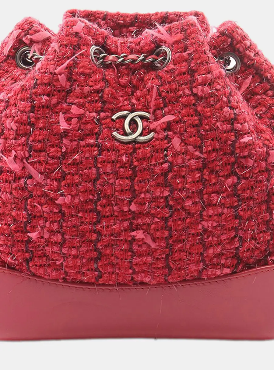 Chanel Small Gabrielle Red Tweed Smooth Leather Backpack Bag