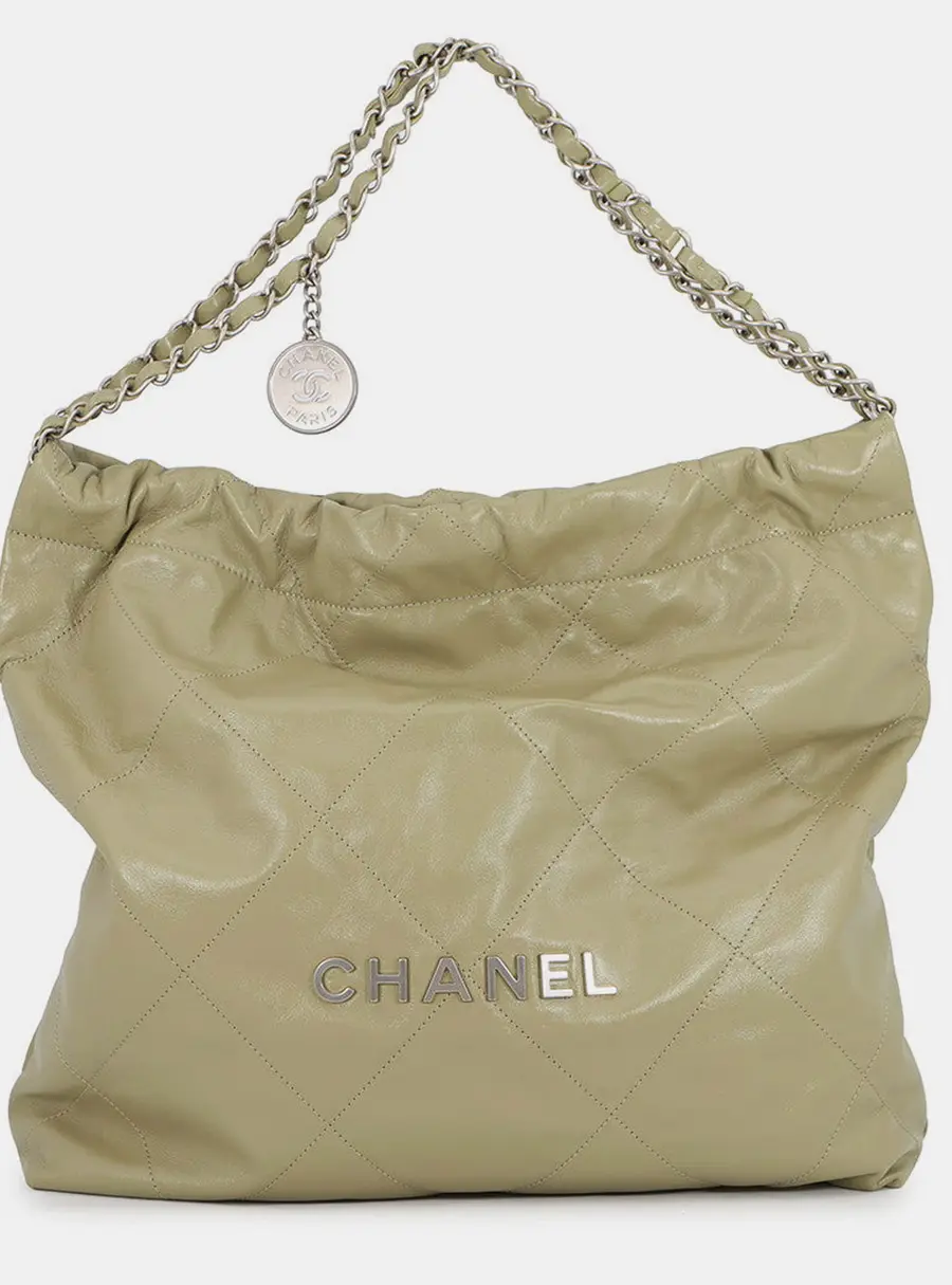 Chanel 22 Small Khaki Shiny Calfskin Leather Shoulder Bag