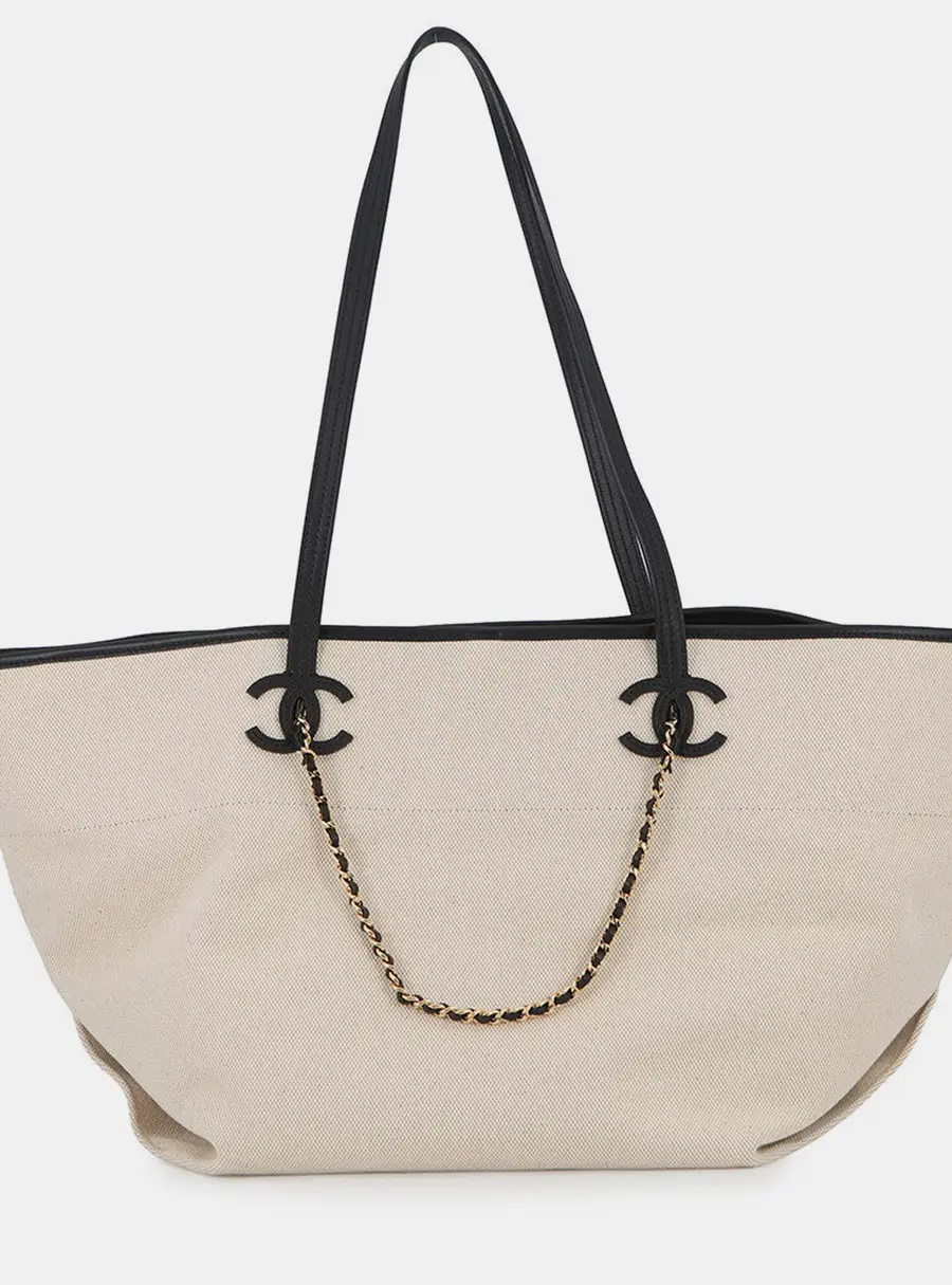 Chanel Small Deauville Ecru Black Canvas Calfskin Leather Tote Bag